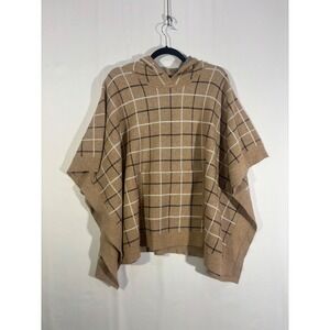 Chic Classic Preppy Plaid Tahari Hooded Poncho Sweater Women One Size Tan